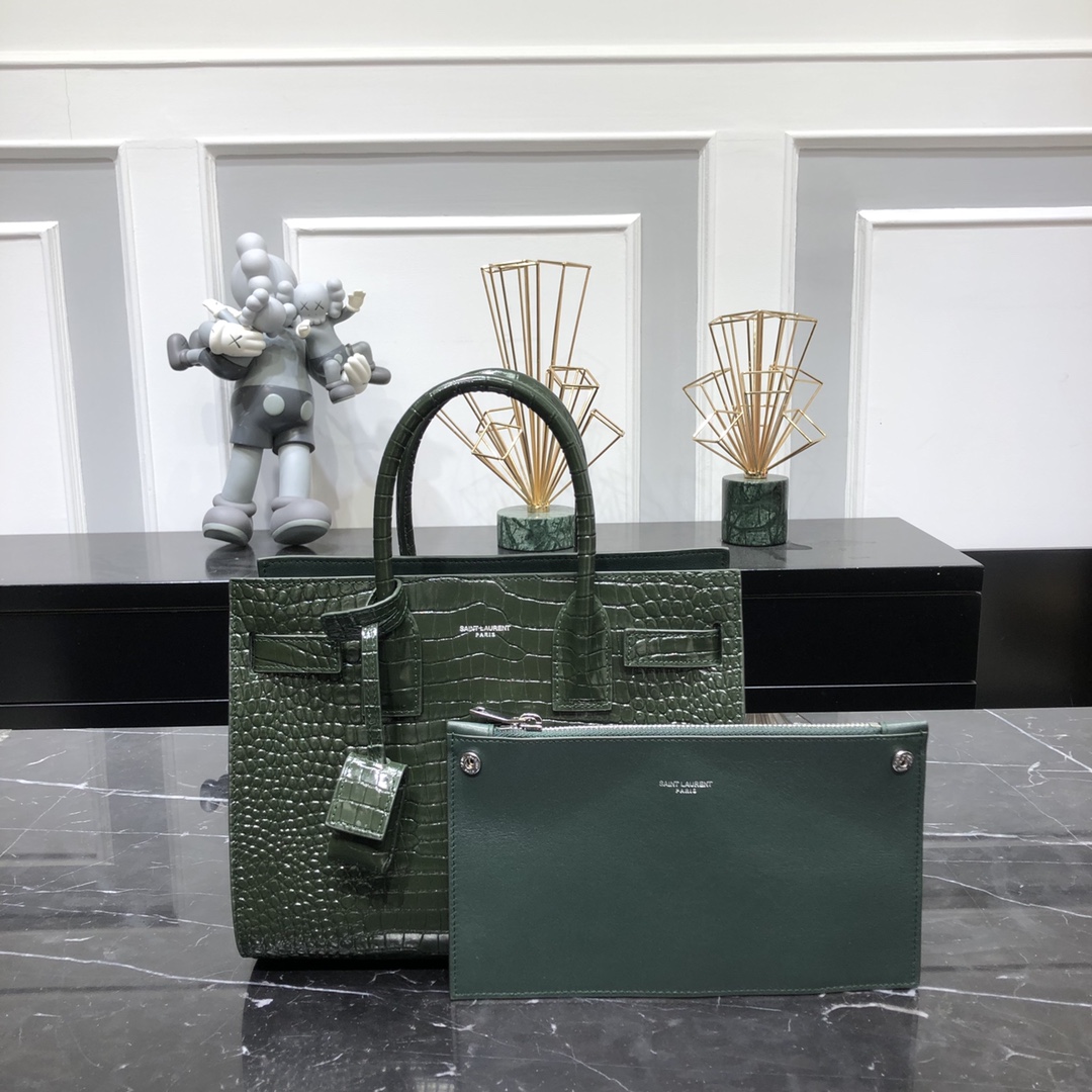 Saint Laurent Sac De Jour Baby Crocodile Embossed Calfskin Handbag Shoulder Bag Army Green 421863 Silver